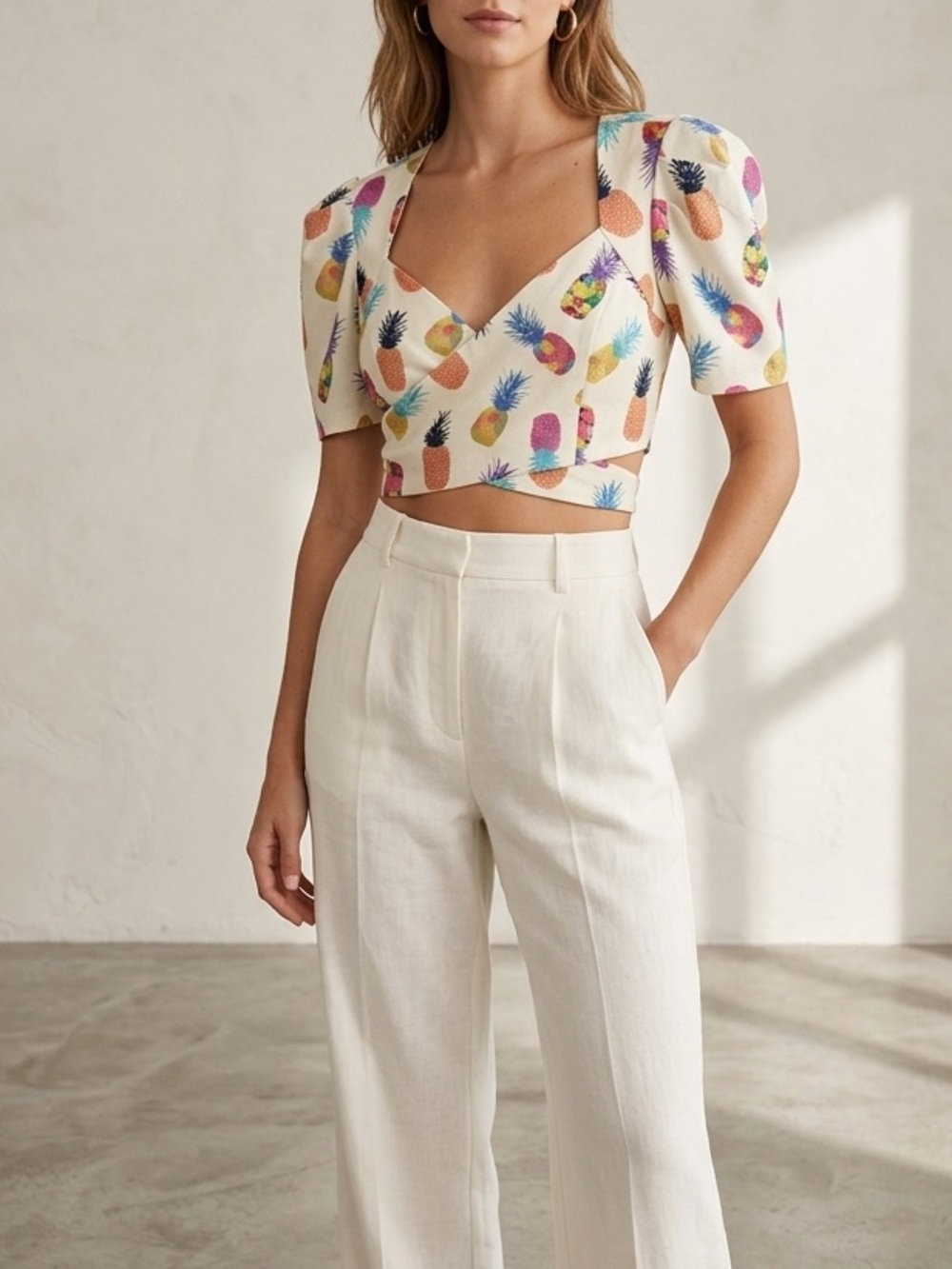Flying Tomatoes Love Pineapple Crop Wrap Blouse